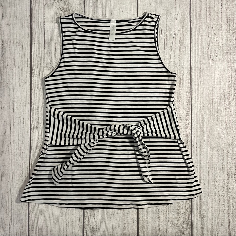 PAPILLON Women’s Black & White Striped Tank Top with Tie In Front